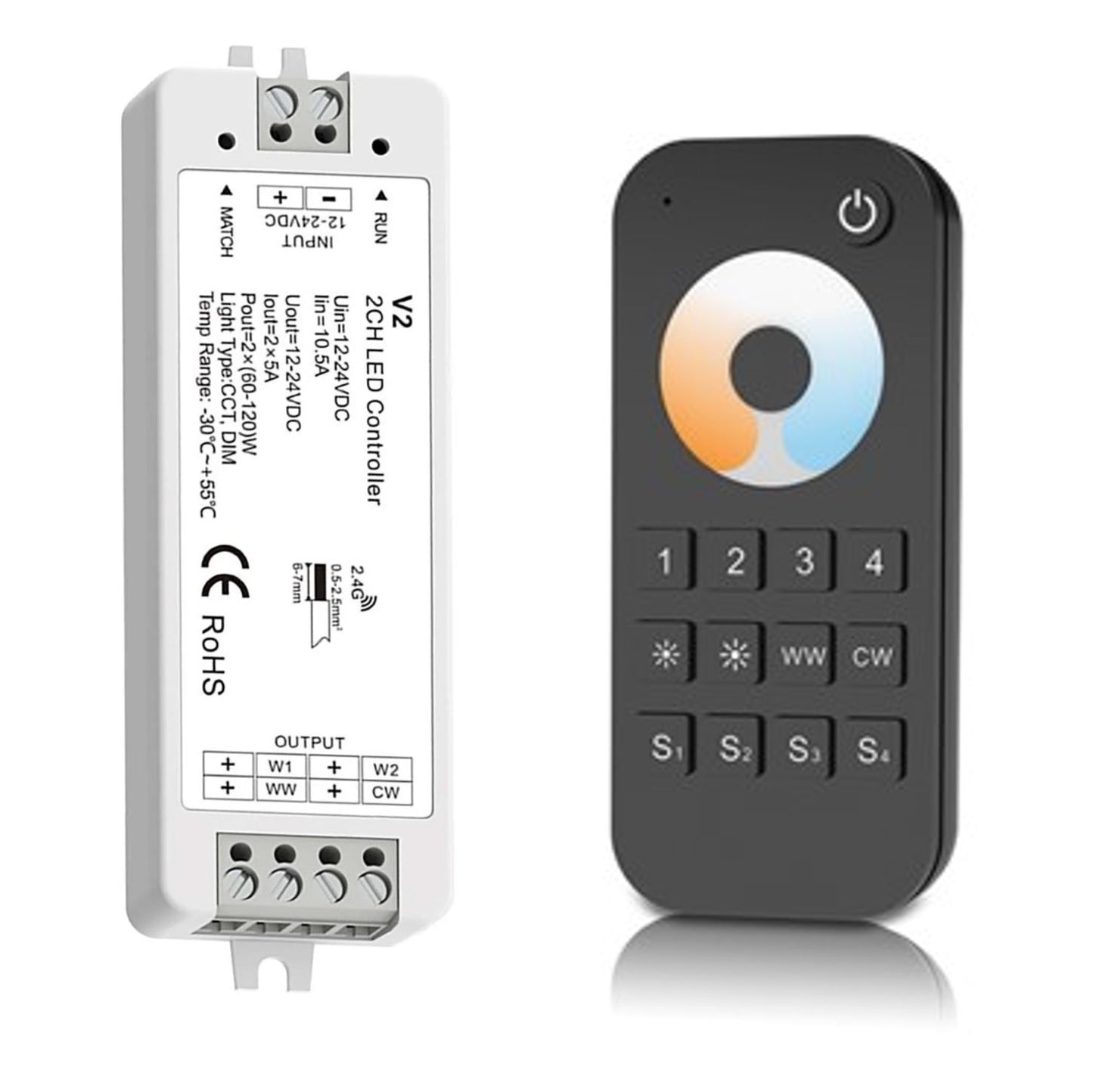 LED 12-24V DC Dimming/CCT Controller V2 + 4 Zone Remote Control RT7